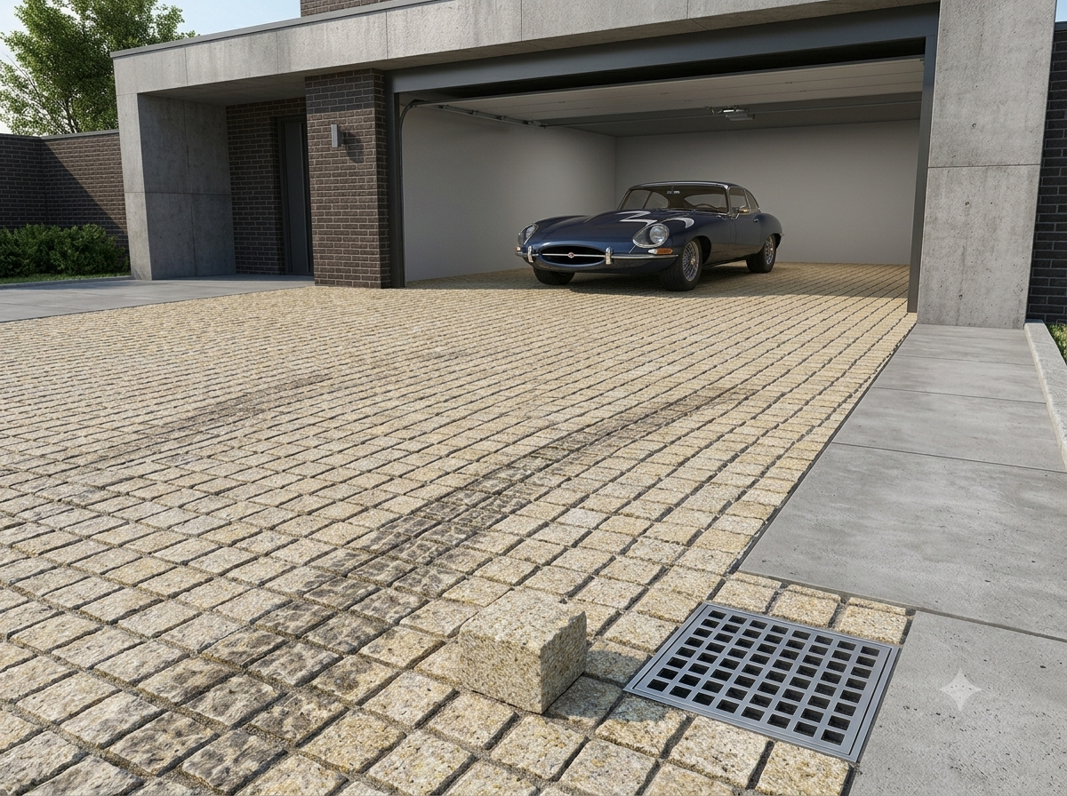 Natural Split Yellow Granite Cobble Stone Granite — Natural Split Yellow Granite cobbles paving a modern residential driveway