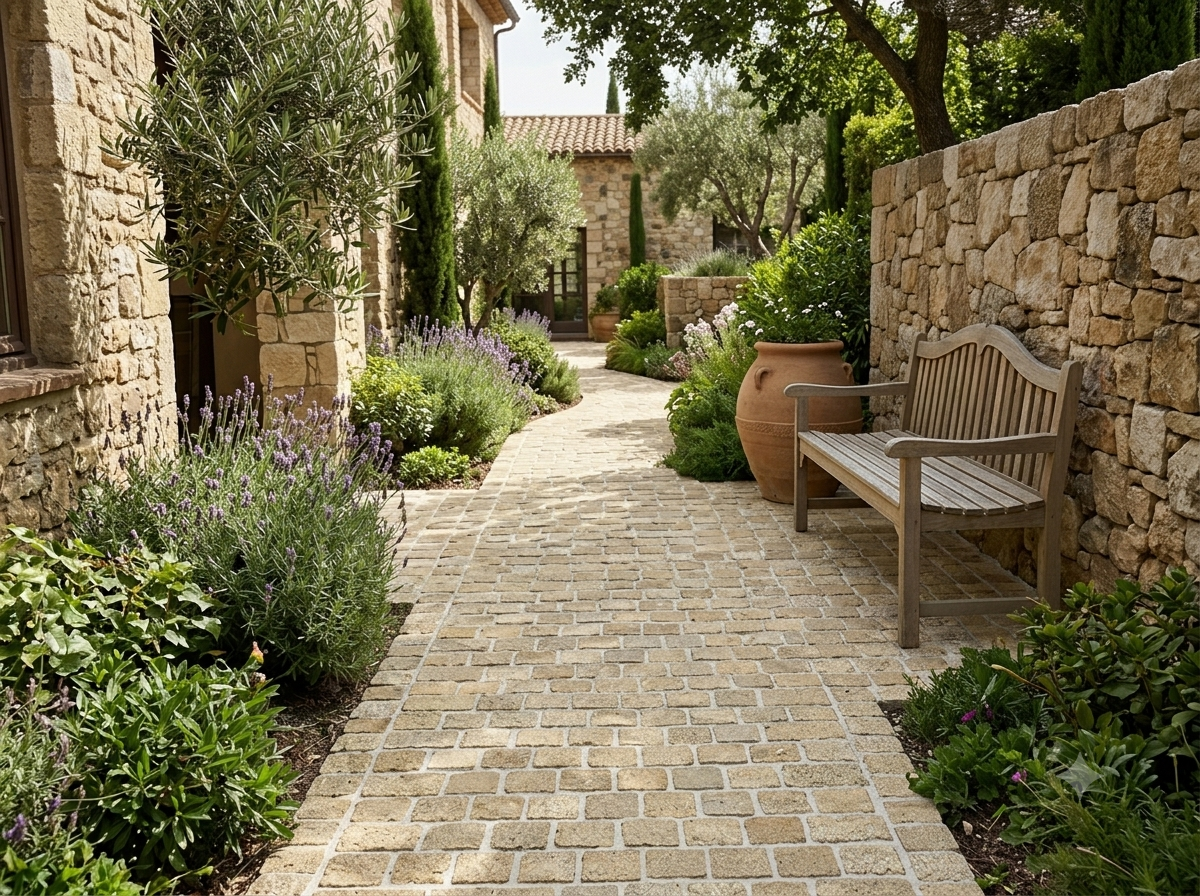 Natural Split Yellow Granite Cobble Stone Granite — Yellow granite cobblestone path in a Mediterranean courtyard garden