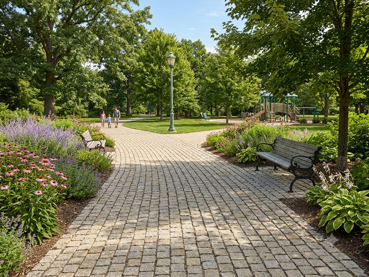 Natural Split Yellow Granite Cobble Stone Granite — Yellow granite cobble walkway in a landscaped public park