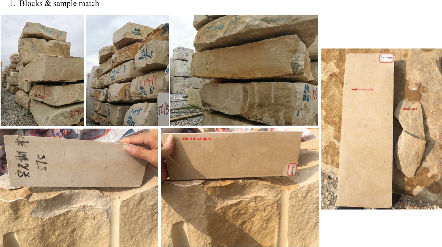 Thala Beige limestone quarry blocks inspected and matched against the approved control sample
