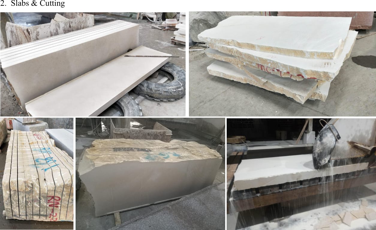 Thala Beige limestone blocks being cut into slabs and blanks on a gang saw