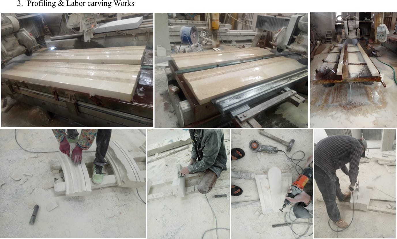 Limestone mouldings being machine-profiled and hand-carved by masons in the Sun Young Stone workshop