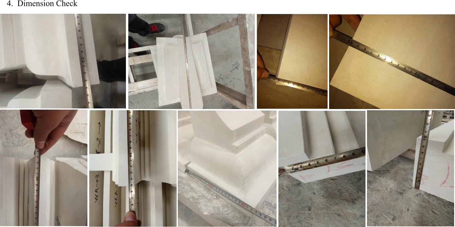 Workers measuring limestone profiles and lengths against shop drawings during dimensional inspection