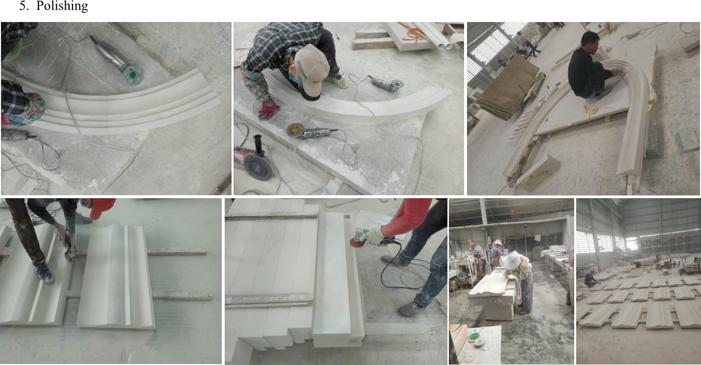 Curved limestone mouldings being ground and polished to the specified finish before inspection