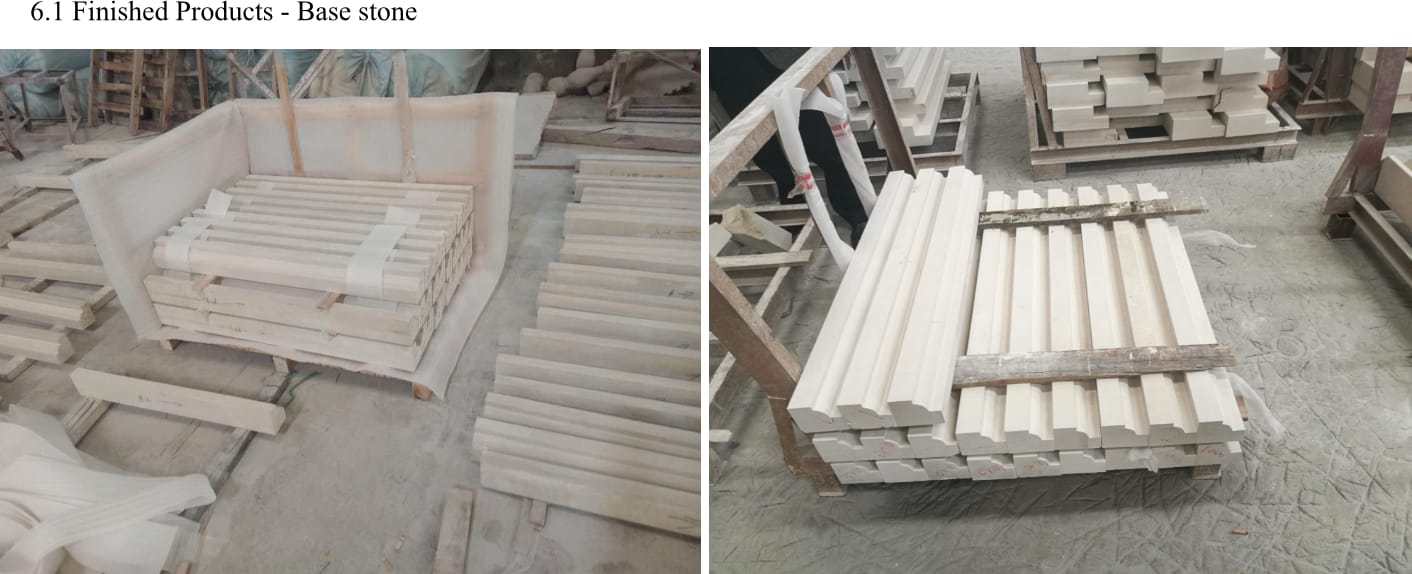 Finished limestone plinth and base-course stones banded and palletised for shipment