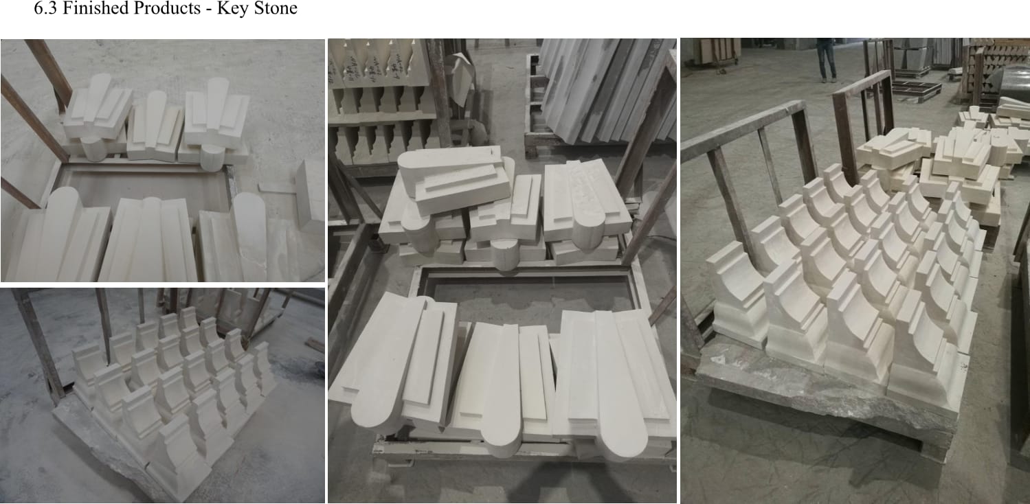 Carved limestone keystones and console pieces grouped in matched sets