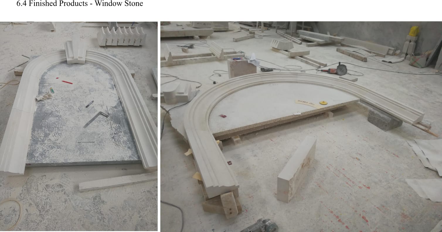 Limestone window surrounds dry-assembled flat in the workshop to confirm fit