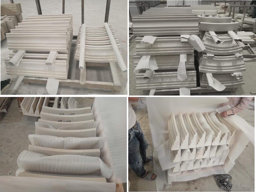 Curved limestone cornice and crown profile sections produced to radius and wrapped