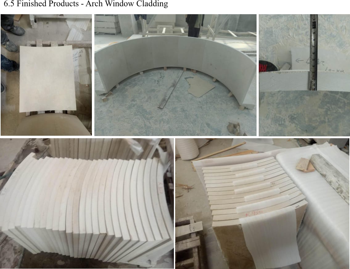 Radiused limestone voussoir cladding for arched windows, thickness-checked and numbered