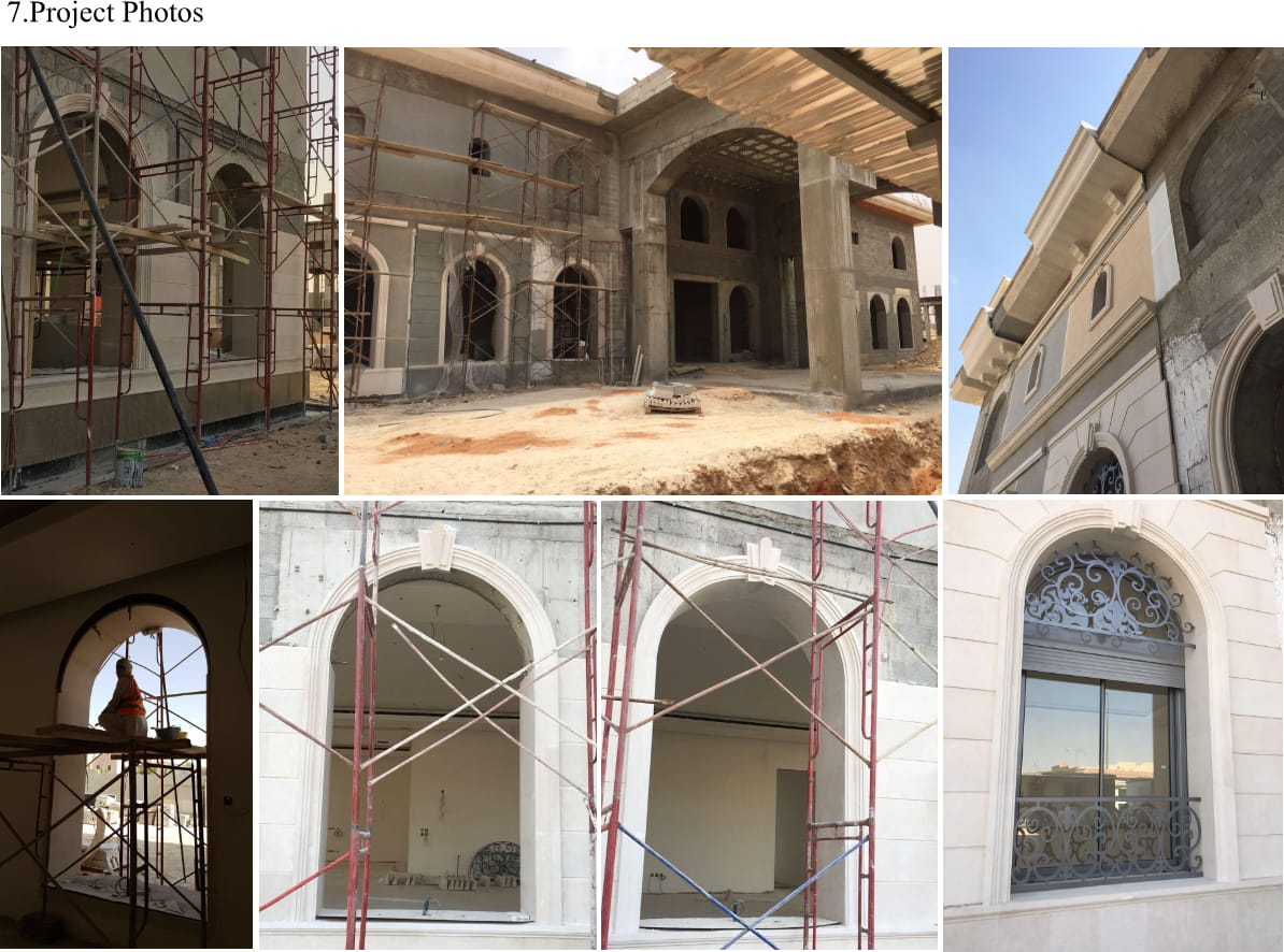 SHK. Al-Hukair Private Palace under installation showing limestone cladding, arched window surrounds and carved detailing on the façade