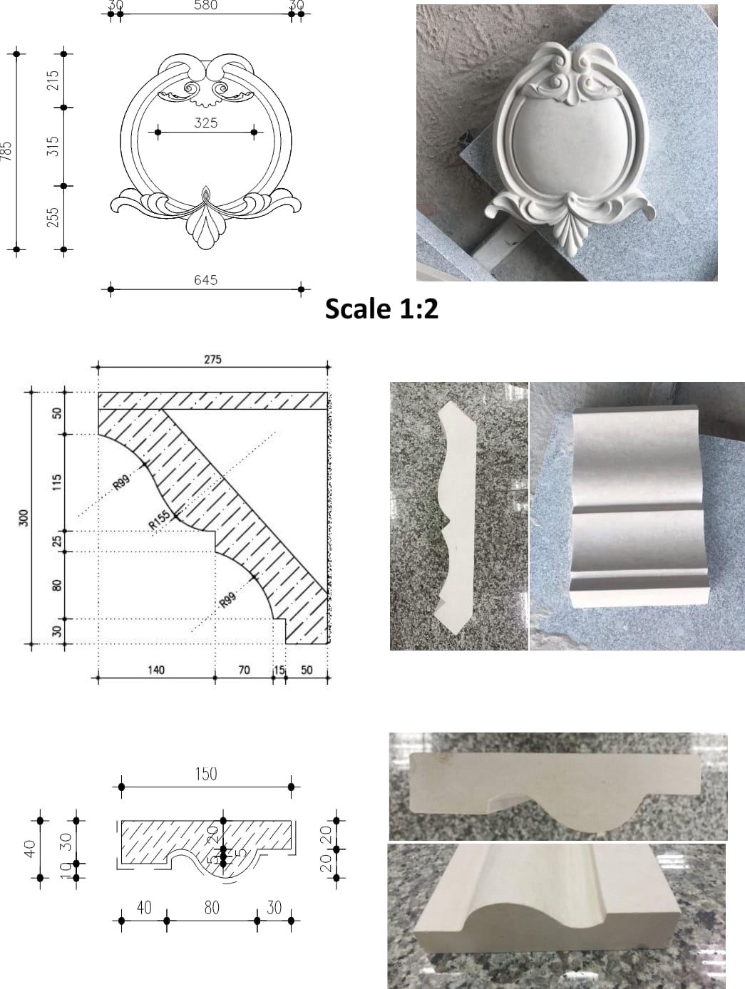 Limestone approval samples carved at 1:2 scale next to their technical drawings — decorative medallion and cornice mouldings for the Al-Hukair Palace