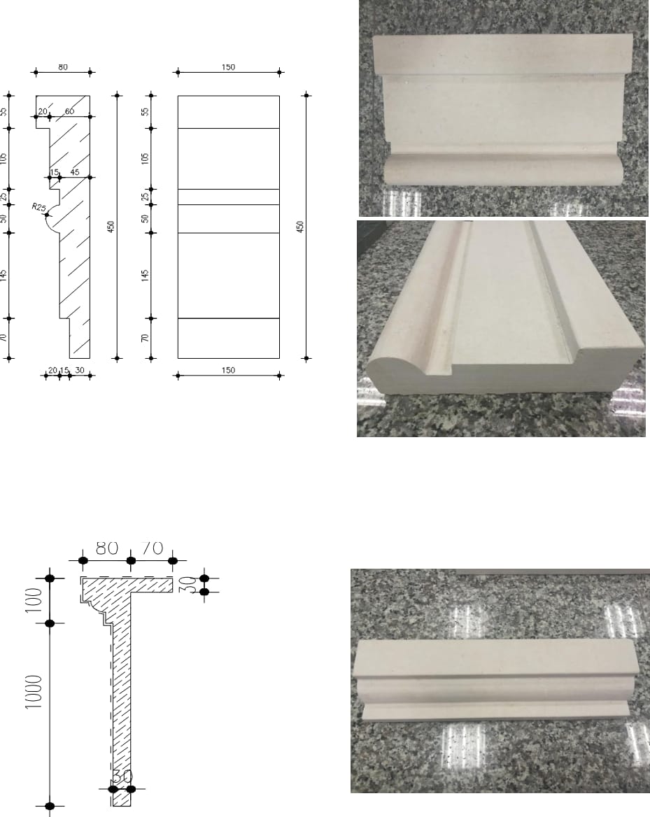 Limestone window sill and cornice approval samples matched to cross-section drawings for the Al-Hukair Palace before production
