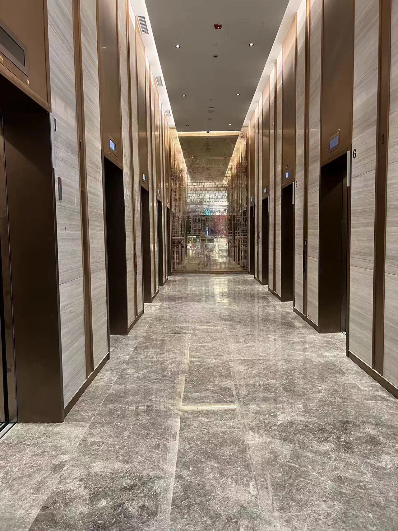 Icon Hotel Singapore lift lobby with bronze lift portals, wood-vein marble walls and a polished Tundra Grey marble floor
