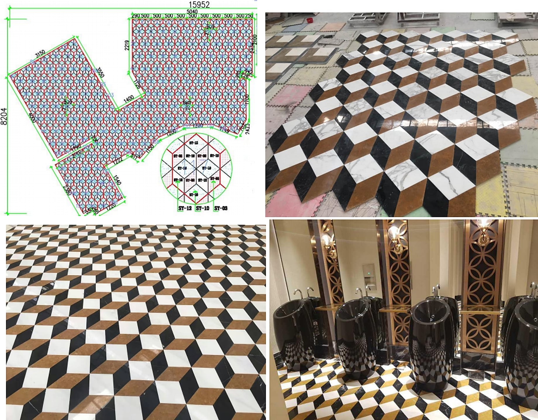 Waterjet 3D cube optical marble pattern in white, black and brown — cutting drawing, dry-laid stone and finished casino restroom floor