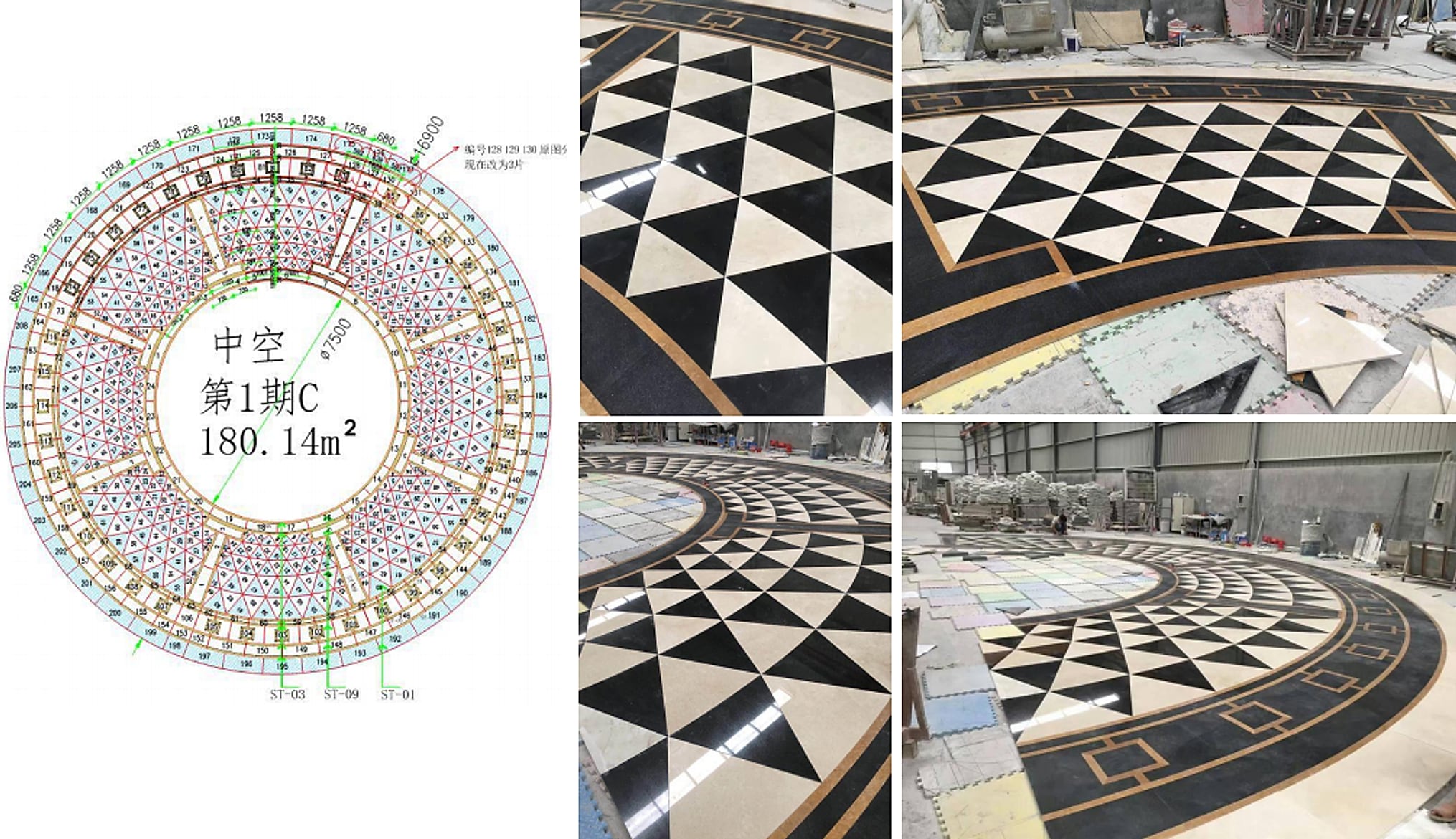 Waterjet cutting drawing and dry-laid black-and-white triangular marble checkerboard medallion, 180.14 square metres, for the Incheon Casino floor
