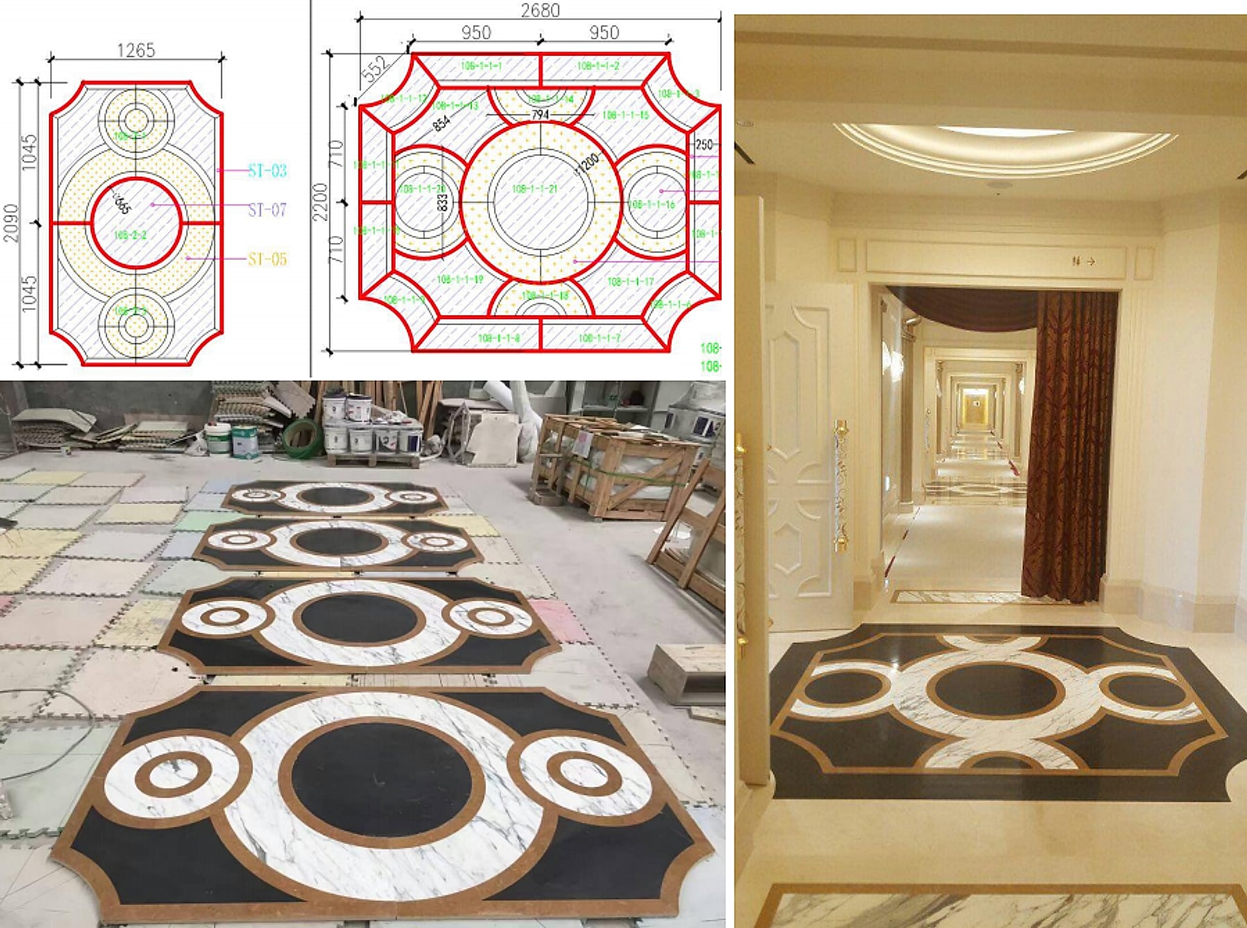 Waterjet black, white and brass floral ring marble medallions — cutting drawing, dry-laid set and installed casino corridor floor
