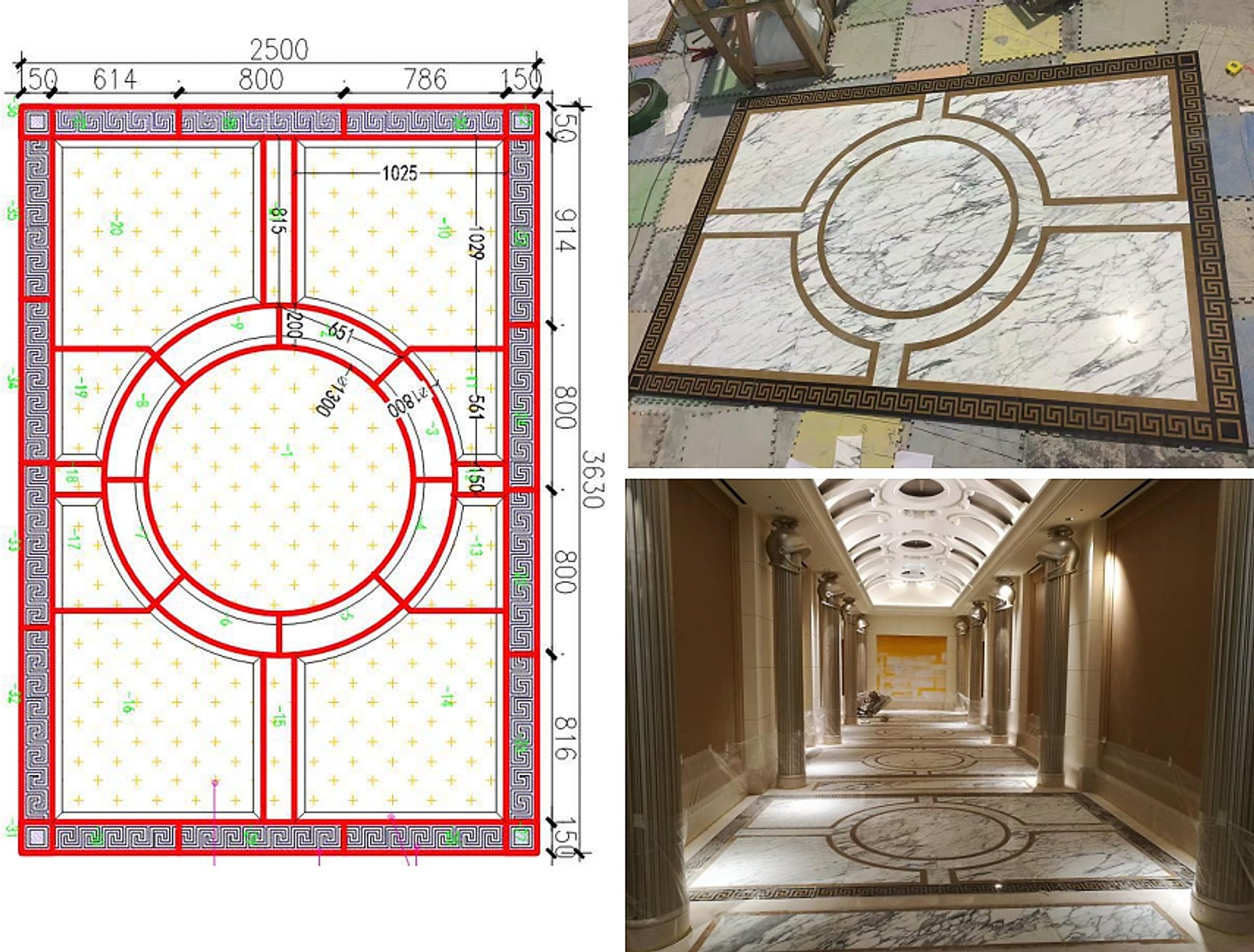 Waterjet white marble panel with brass and black Greek-key border — cutting drawing, dry-laid stone and finished casino corridor