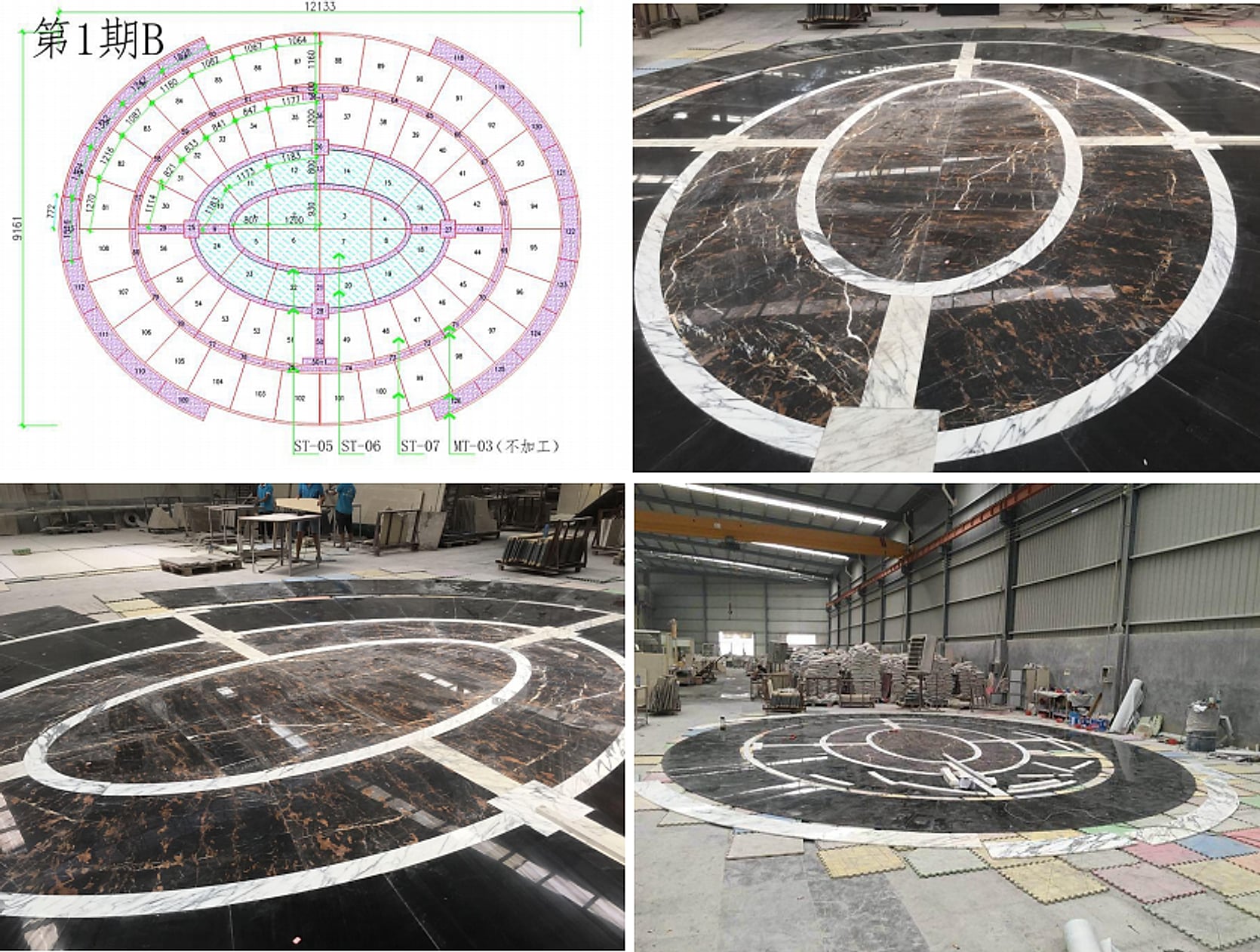 Large waterjet oval marble medallion in dark and white marble — engineering drawing and full dry-laid assembly at the Sun Young Stone factory