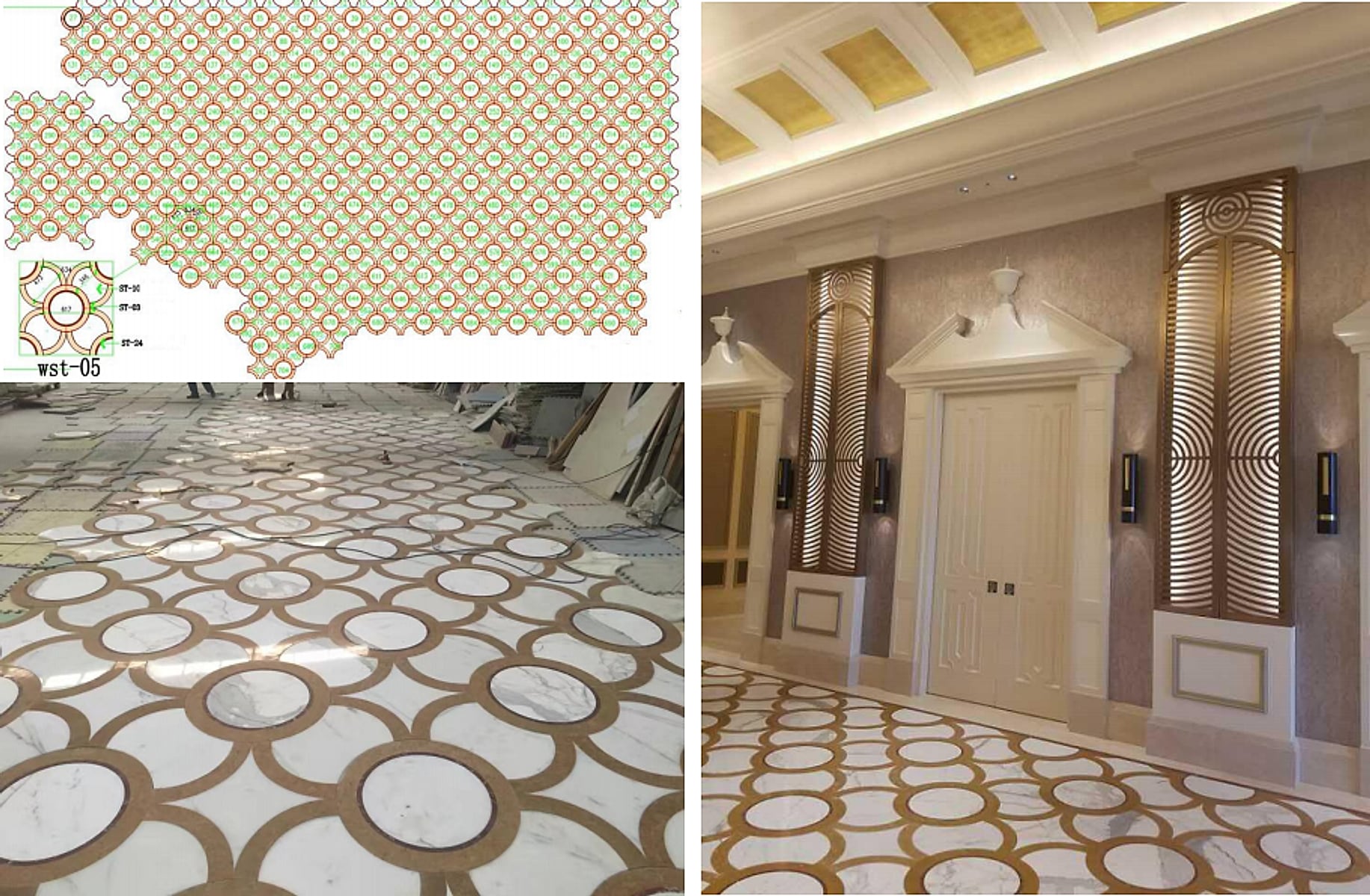 Waterjet interlocking ring marble pattern with brass inlay — cutting drawing, dry-laid field and installed casino lobby floor