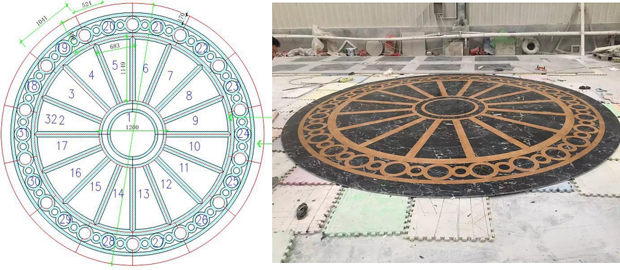 Waterjet radial wheel marble medallion in black marble with brass spokes — engineering drawing and dry-laid stone for the Incheon Casino