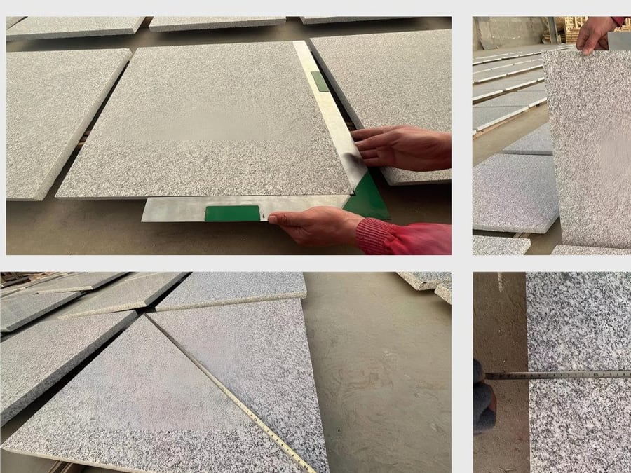 Worker measuring stone slab length, diagonal and thickness with a square and tape measure