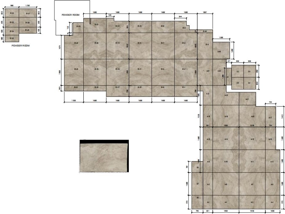 Numbered marble book-match pre-cut plan mapping every tile and the powder-room layout before cutting at Sun Young Stone