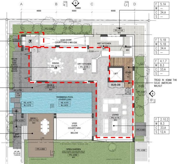 Architectural floor plan of a luxury residence with the marble installation zone outlined in a red dashed boundary