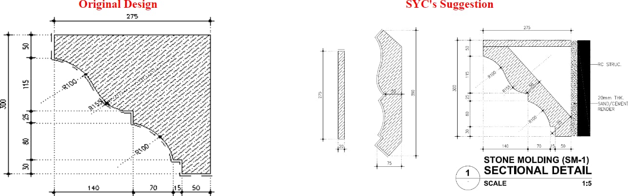 Stone molding sectional comparison showing the original design beside Sun Young Stone’s cost-optimized value-engineering suggestion