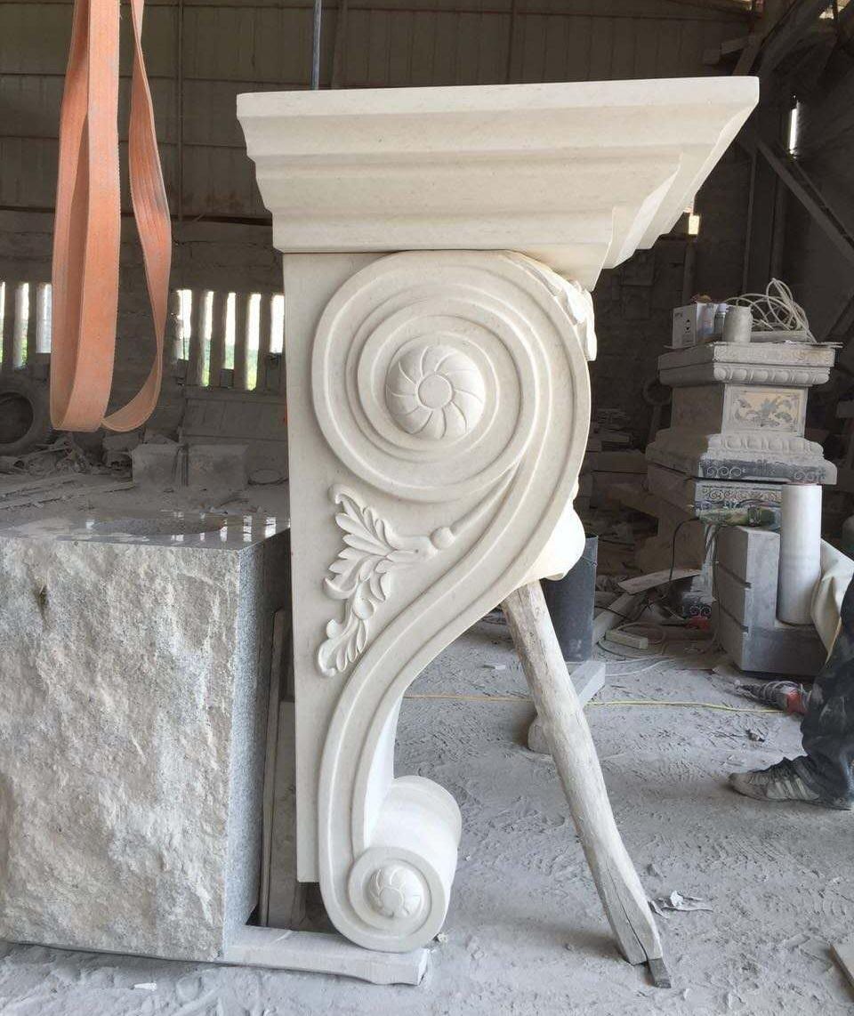 Hand-carved white stone column corbel produced from the cornice shop drawing at Sun Young Stone