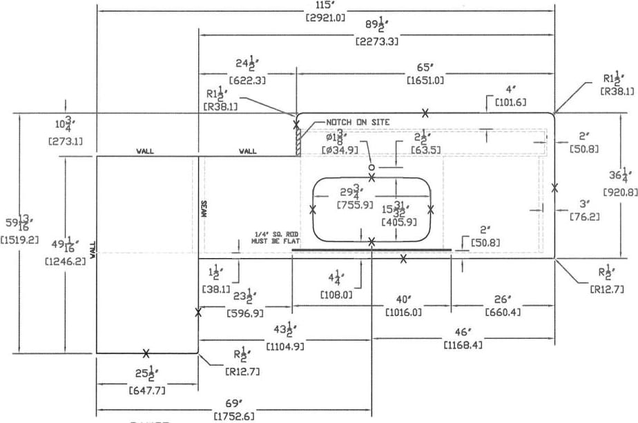 Dimensioned stone countertop shop drawing with sink and cooktop cut-outs by Sun Young Stone