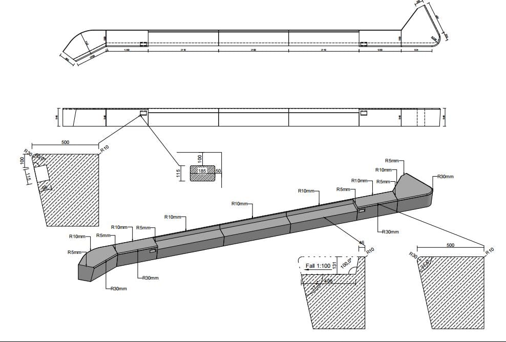 3D shop drawing of a custom curved stone planter wall with dimensions and joint details